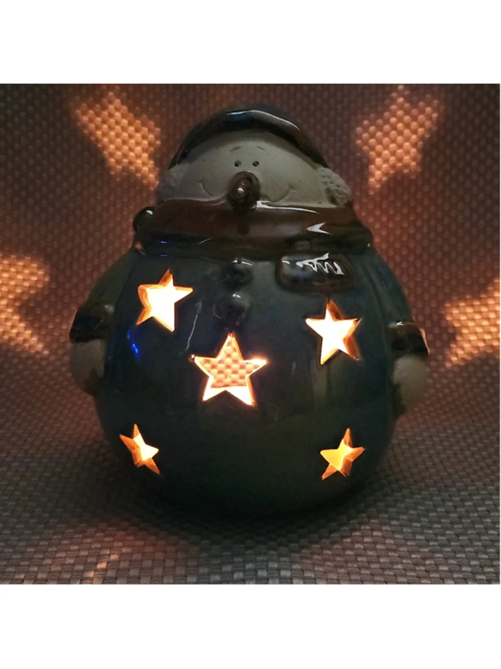 Blue and Brown Snowman Stoneware Handpainted Lantern Tealight Holder Stars